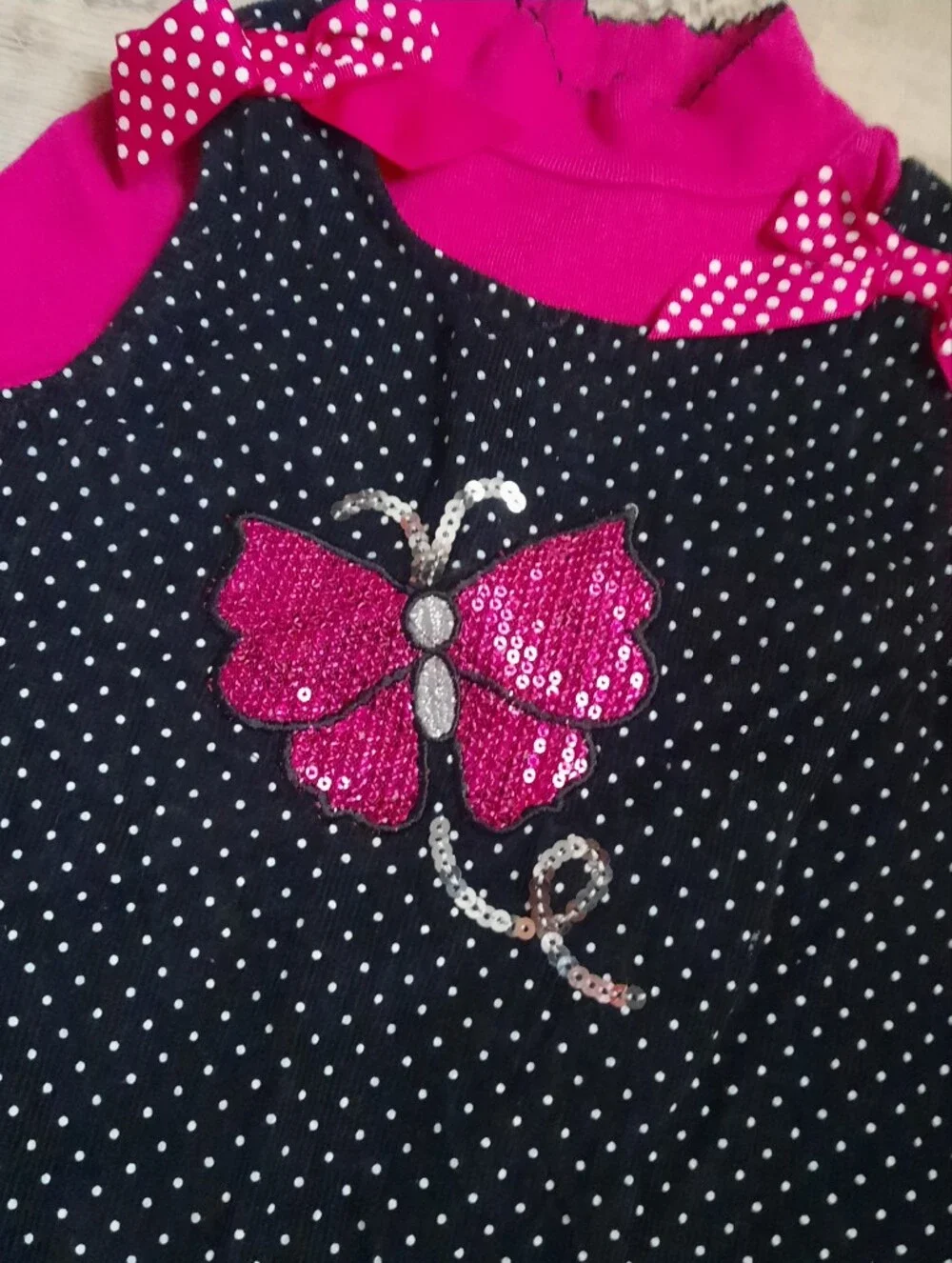 Girls Polka Dot Butterfly Jumper Dress with Pink Long-Sleeve Top
